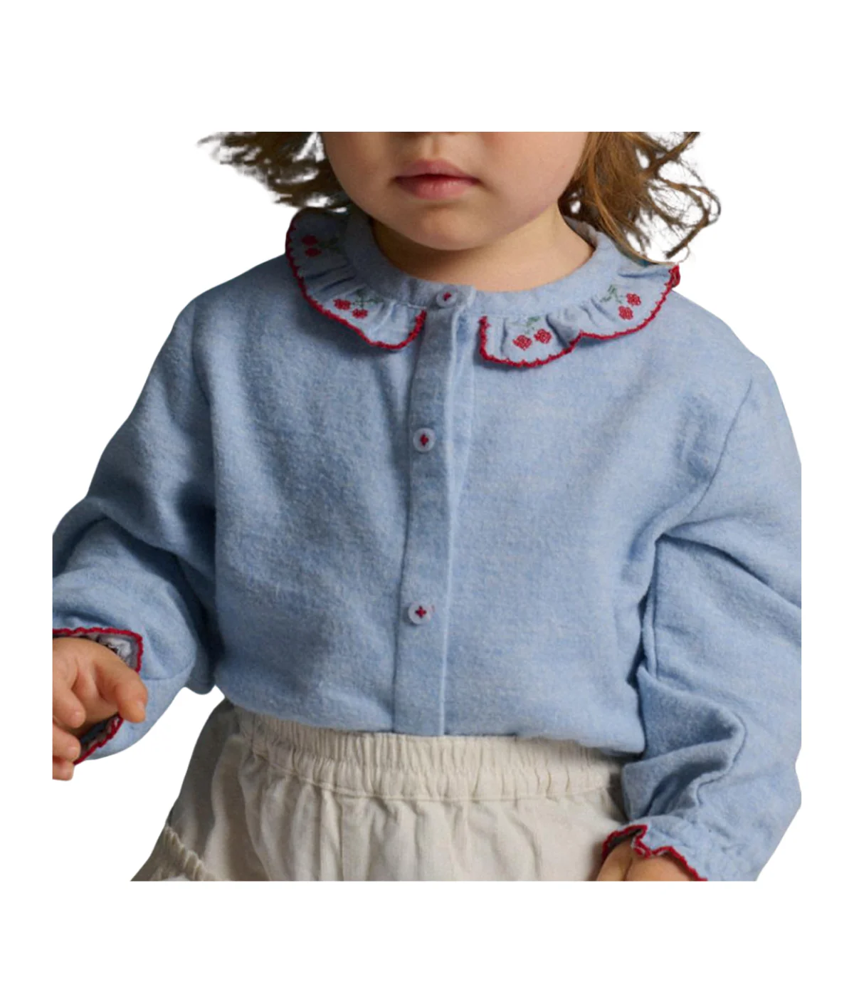 Baby Girl Beryl Collared Blouse With Cherry Cross Stitch - Blue - Image 4