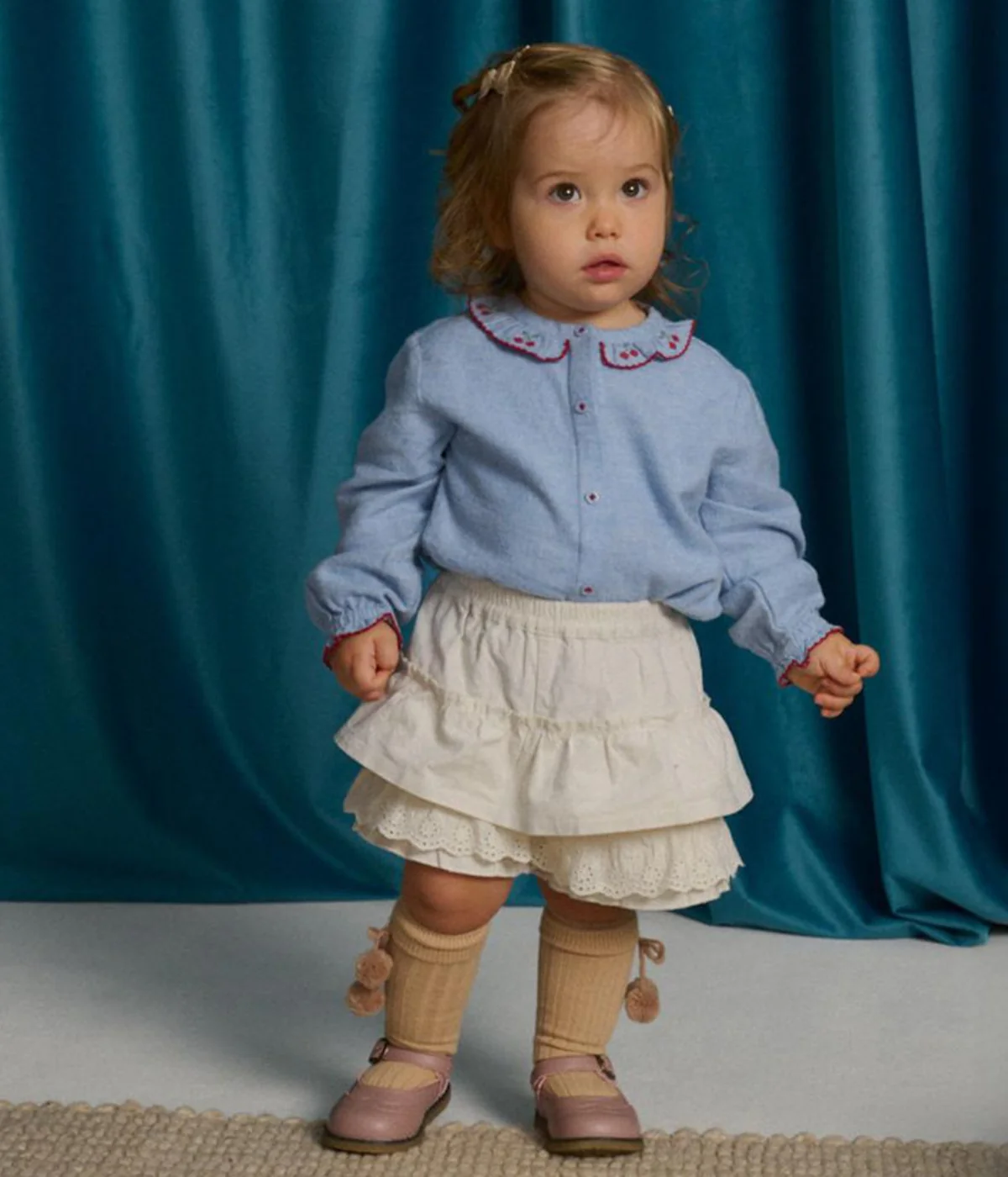 Baby Girl Beryl Collared Blouse With Cherry Cross Stitch - Blue - Image 5