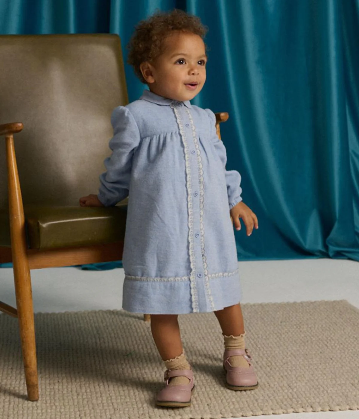 Baby Girl Petunia Chambray Dress With Embroidered Lace Trim - Blue - Image 6