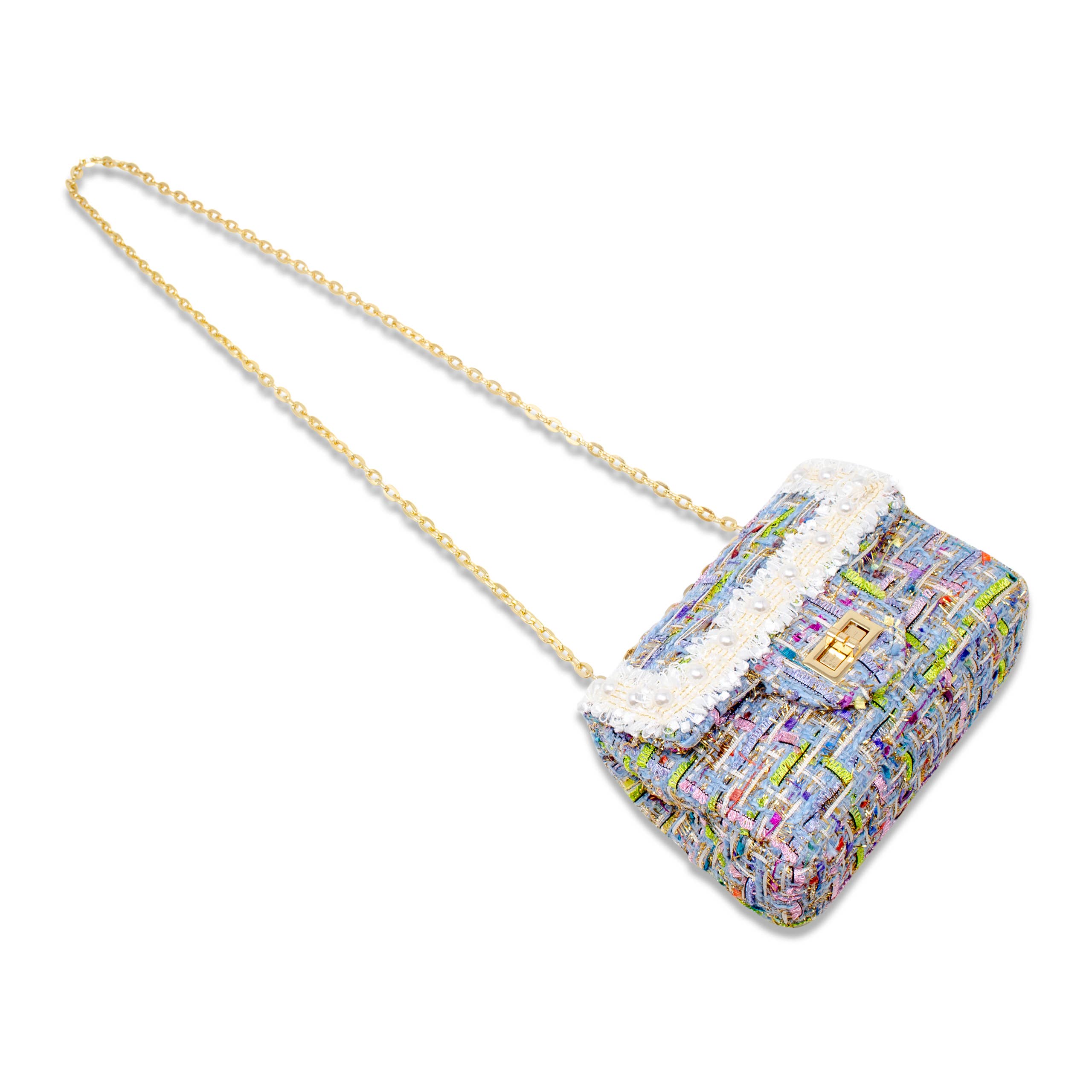 Classic Tweed Handbag with Pearls - Blue - Image 4