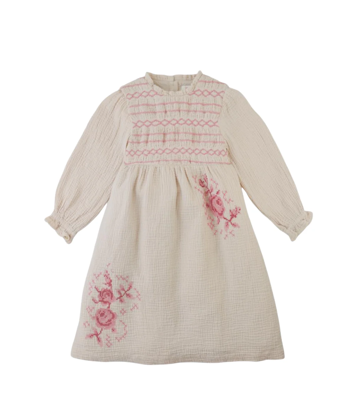 Girl Emmaline Smocked Dress With Cross Stitch Embroidery - Beige