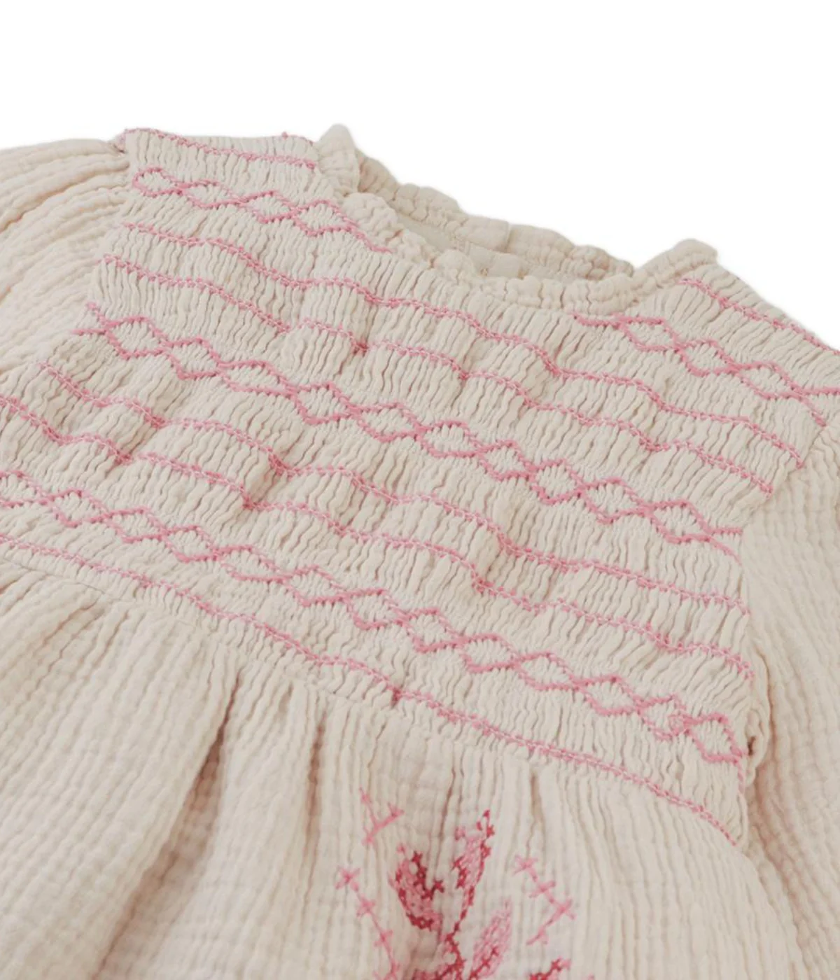 Girl Emmaline Smocked Dress With Cross Stitch Embroidery - Beige - Image 3