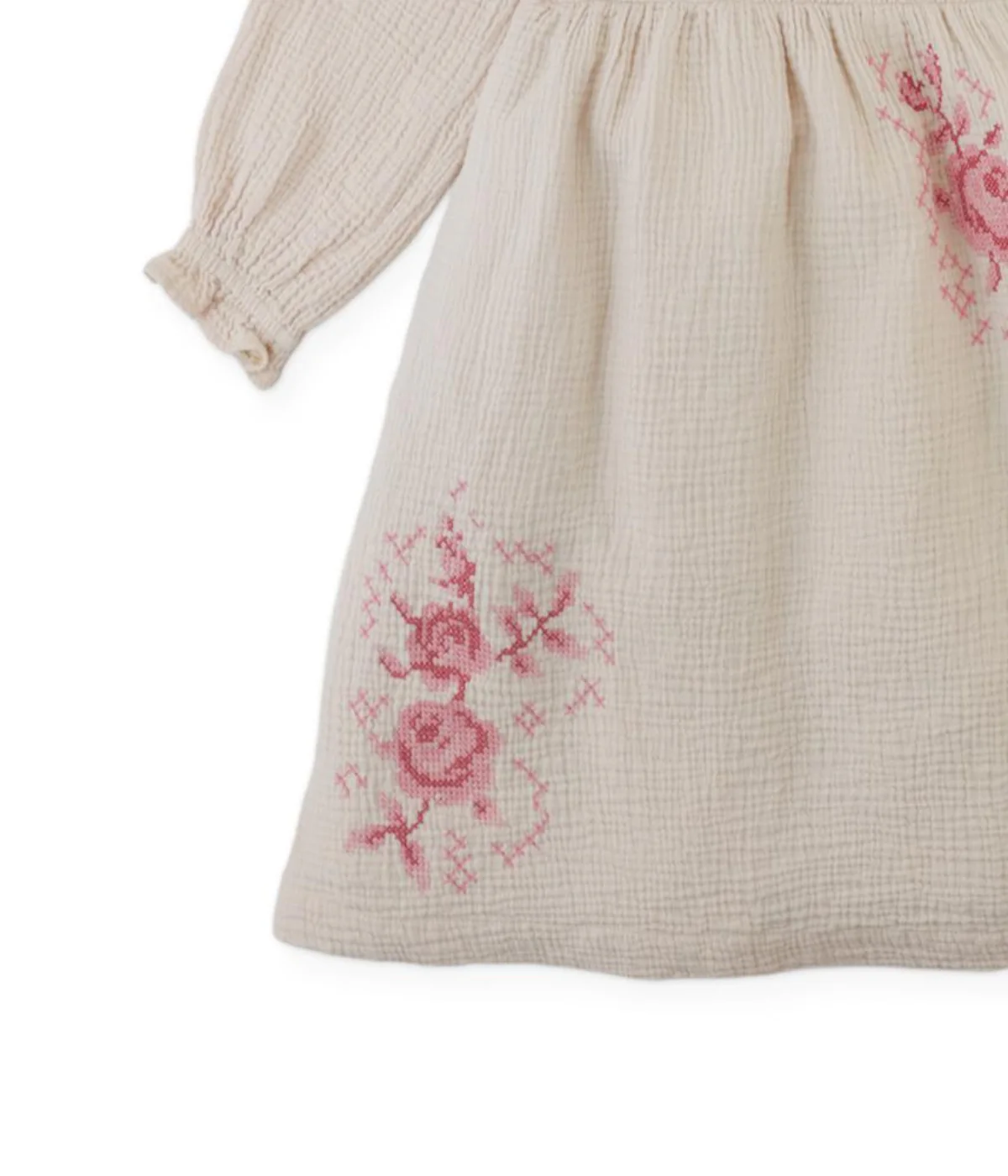Girl Emmaline Smocked Dress With Cross Stitch Embroidery - Beige - Image 4