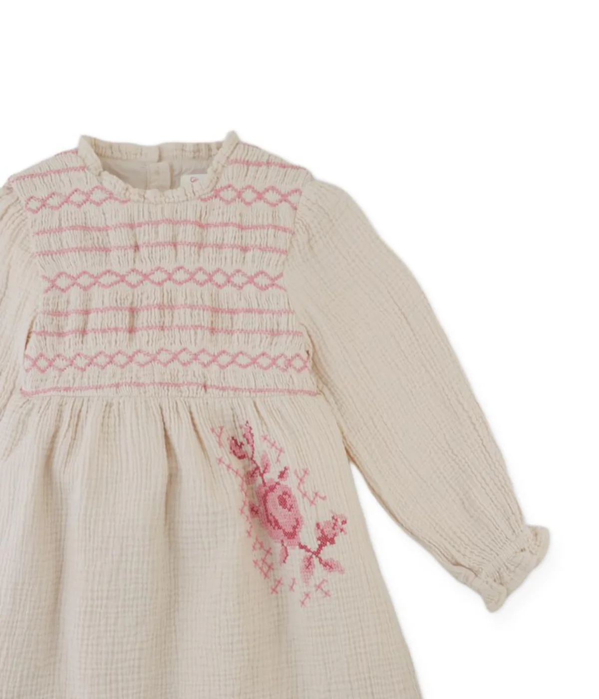 Girl Emmaline Smocked Dress With Cross Stitch Embroidery - Beige - Image 5