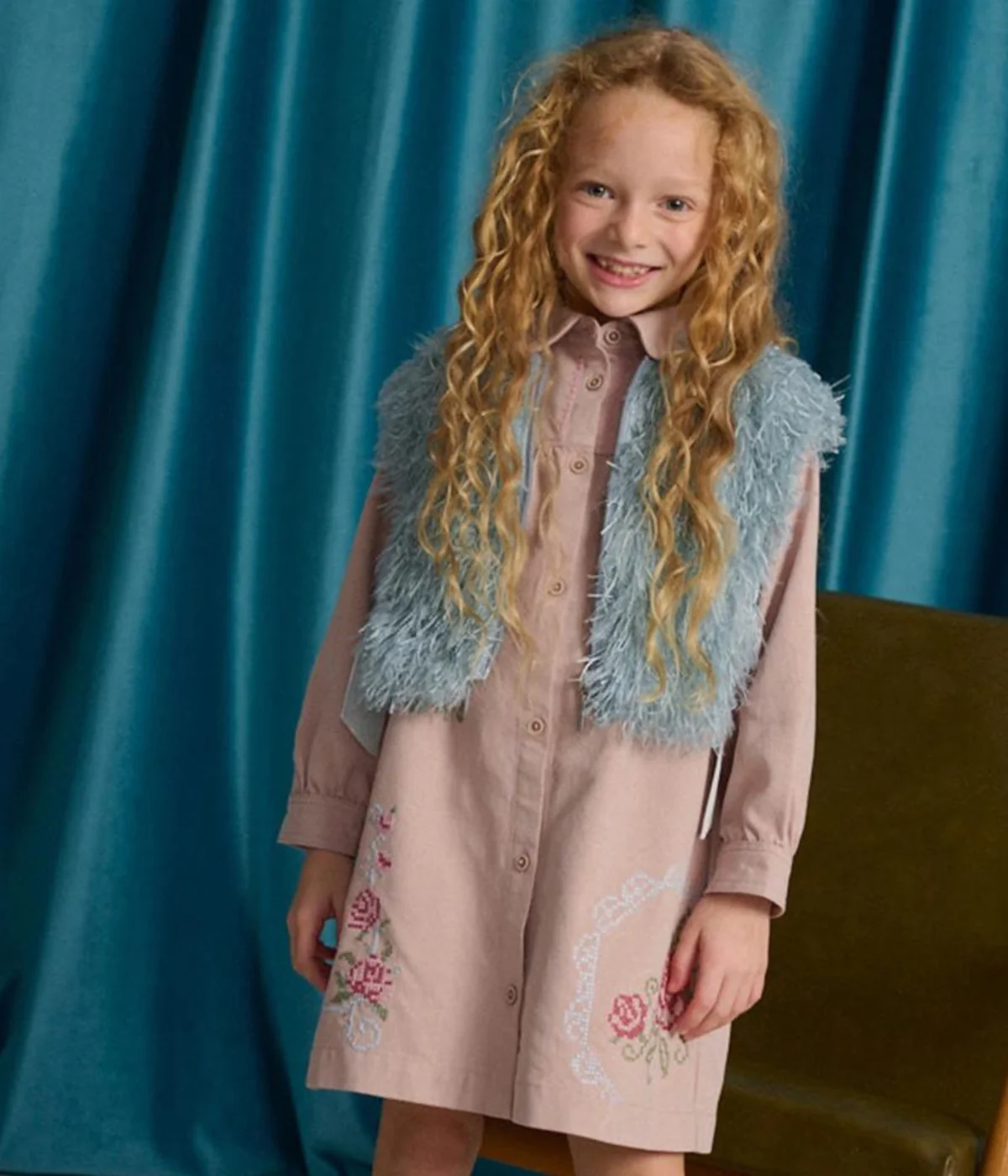 Girl Eudora Faux Fur Zip Vest - Blue - Image 6