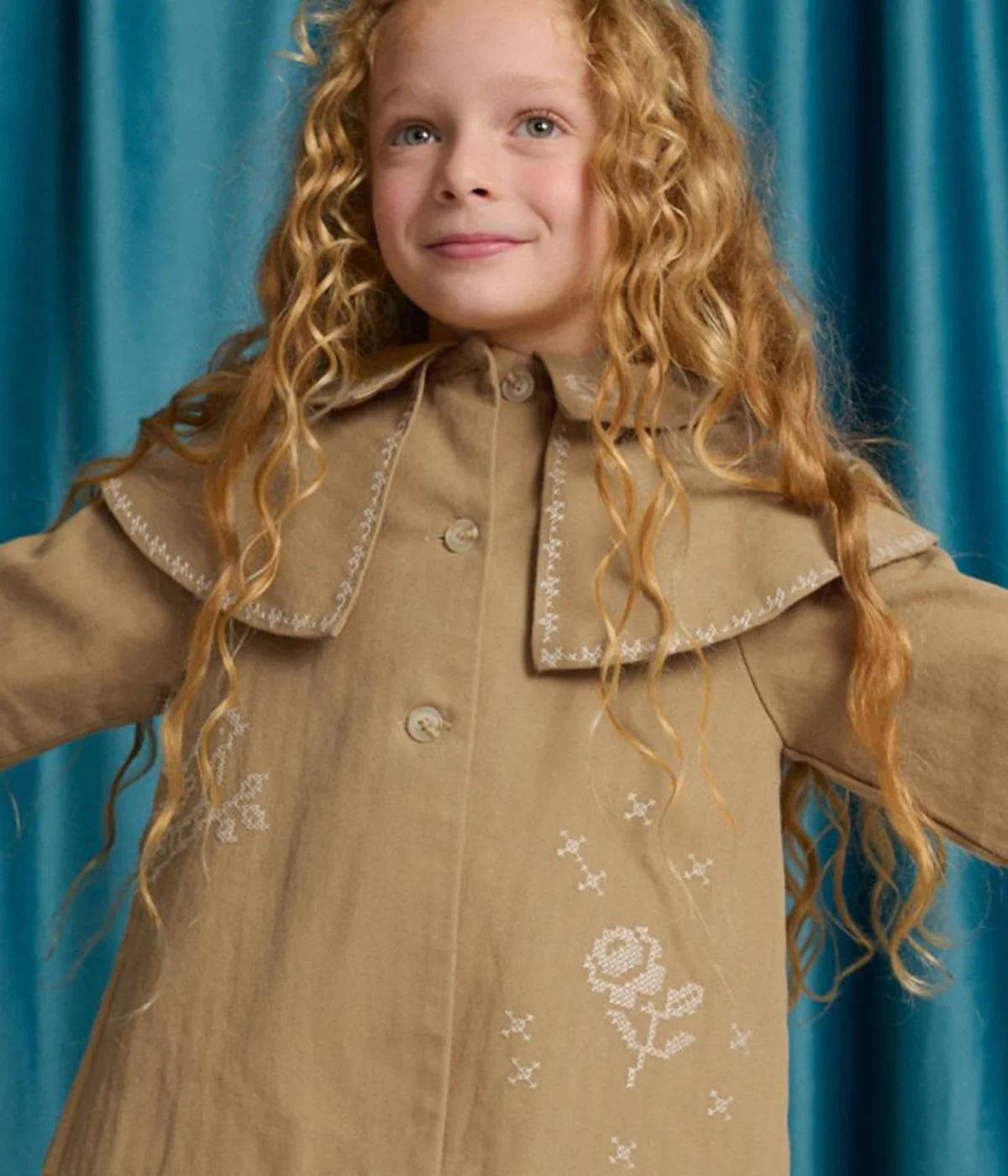 Girl Philippa Herringbone Cape Coat - Tan - Image 6