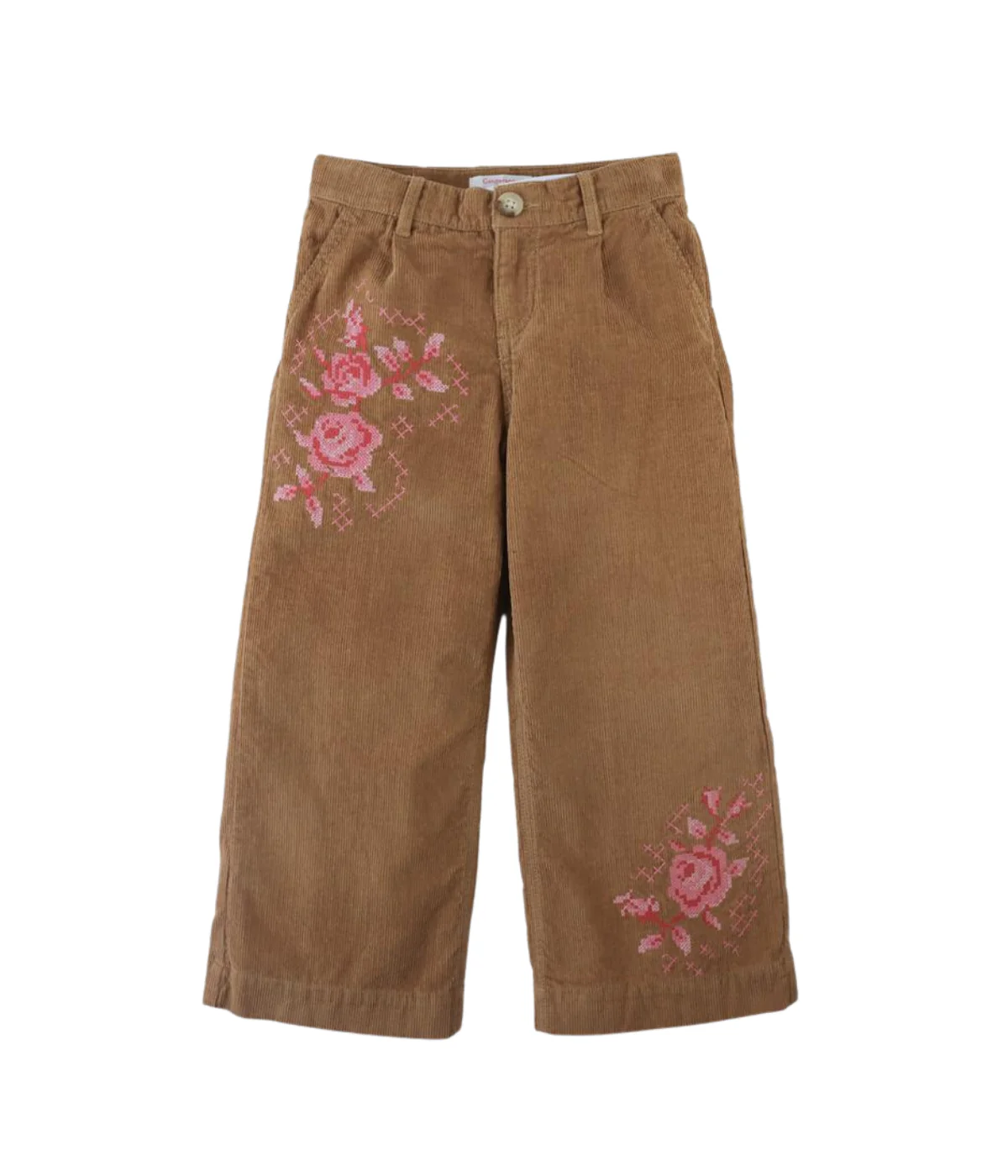 Girl Loreine Wide Leg Corduroy Pants With Rose Details - Brown