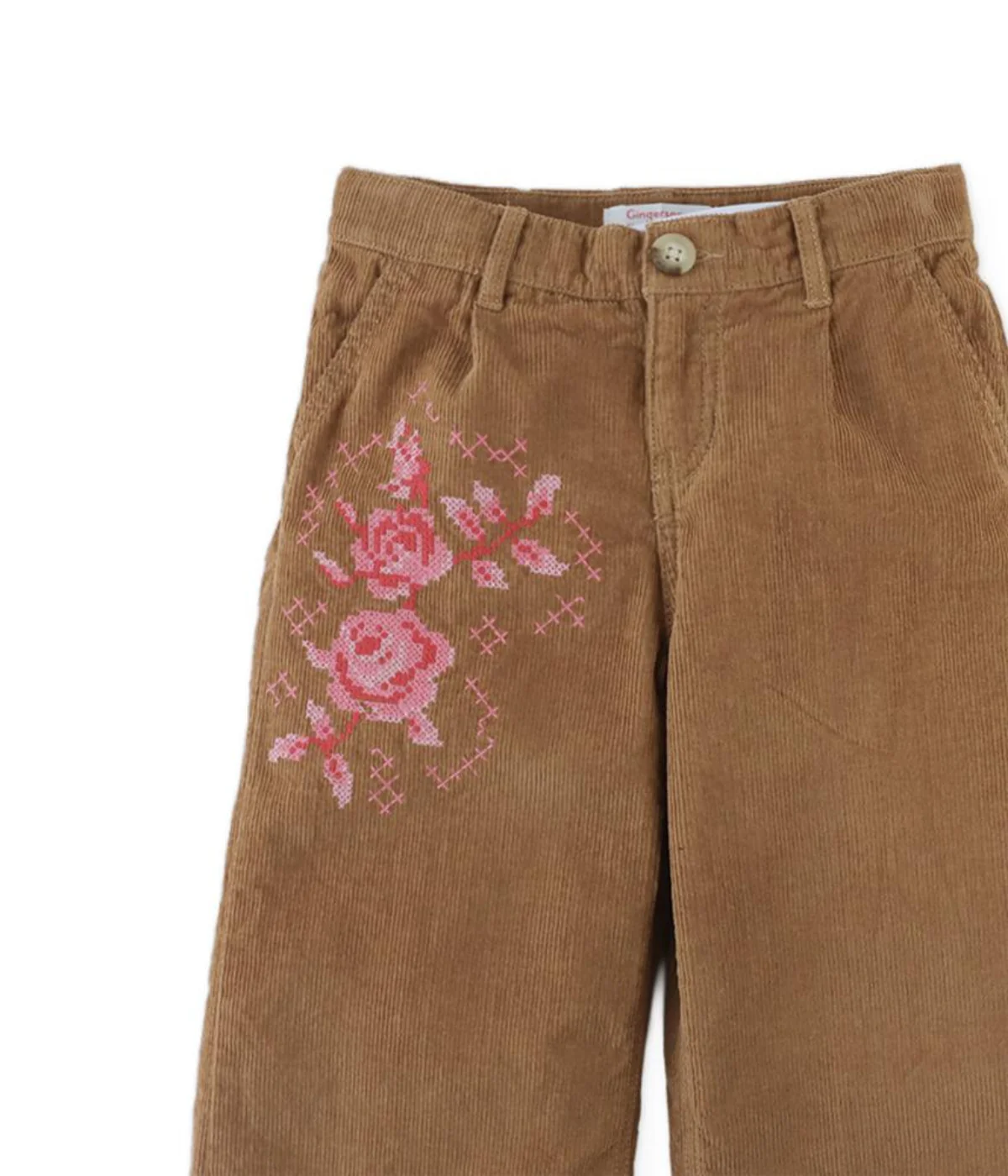 Girl Loreine Wide Leg Corduroy Pants With Rose Details - Brown - Image 4
