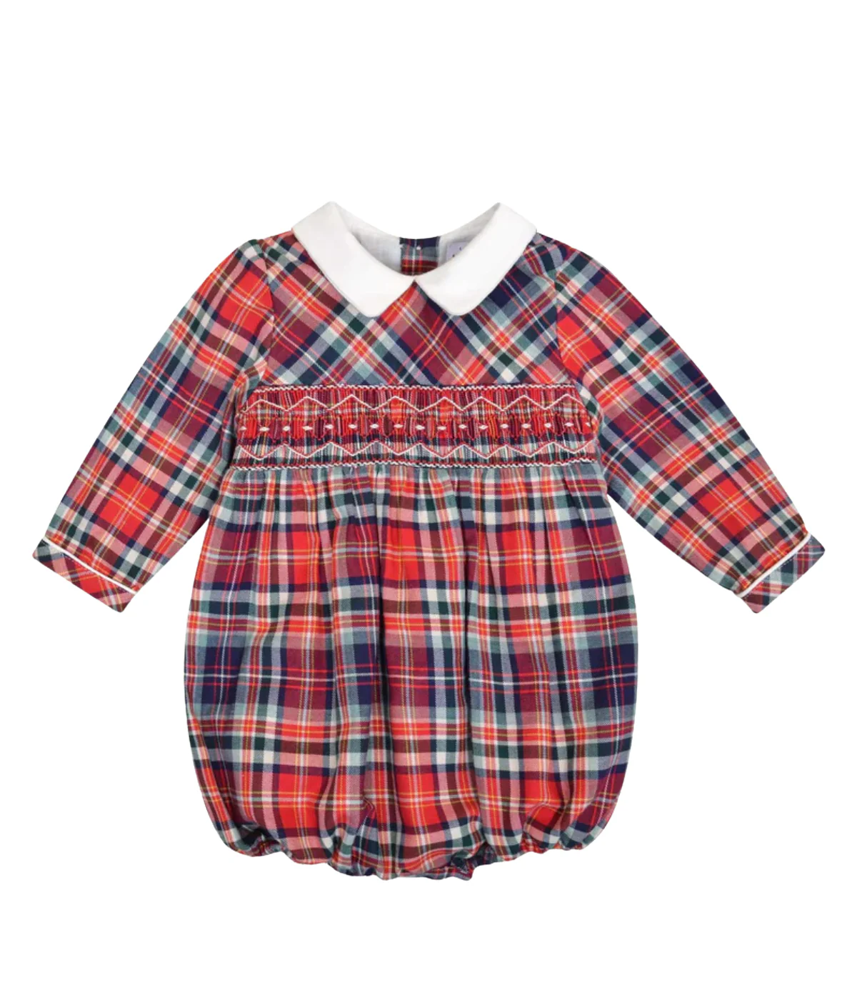 Mahé, Long-sleeved Baby Romper, Mac Milan Collar, Smocked  Waist, in Red Tartan