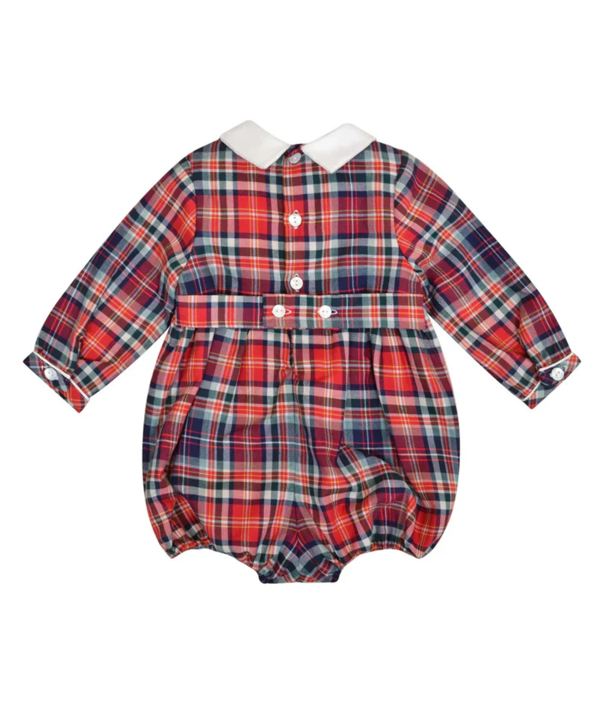 Mahé, Long-sleeved Baby Romper, Mac Milan Collar, Smocked  Waist, in Red Tartan - Image 2