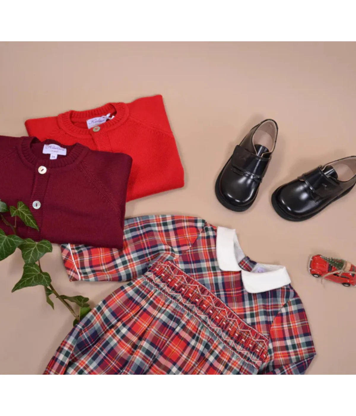 Mahé, Long-sleeved Baby Romper, Mac Milan Collar, Smocked  Waist, in Red Tartan - Image 3