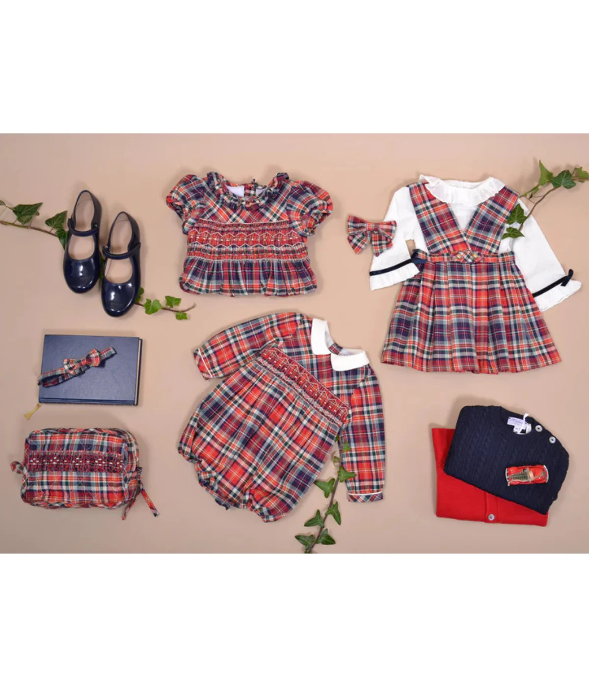 Mahé, Long-sleeved Baby Romper, Mac Milan Collar, Smocked  Waist, in Red Tartan - Image 4