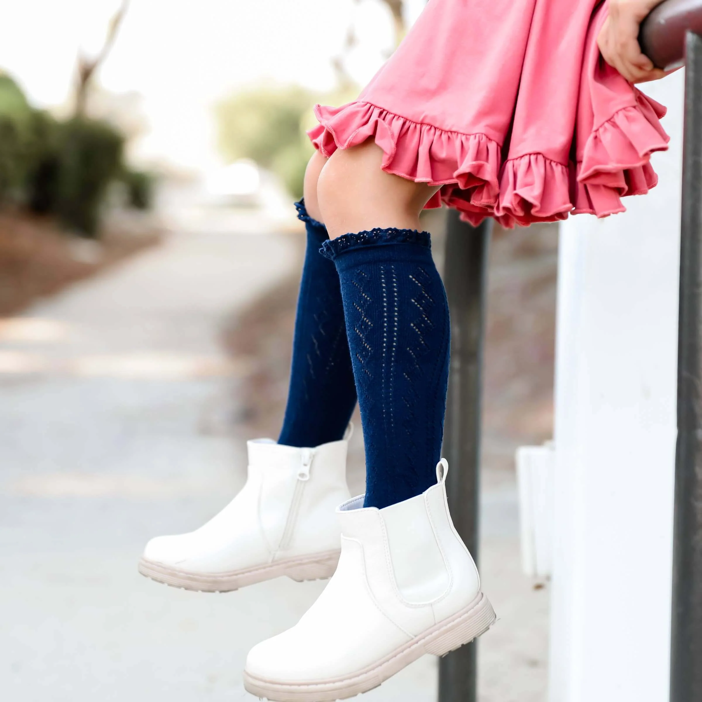 Navy Fancy Lace Top Knee High Socks - Image 3