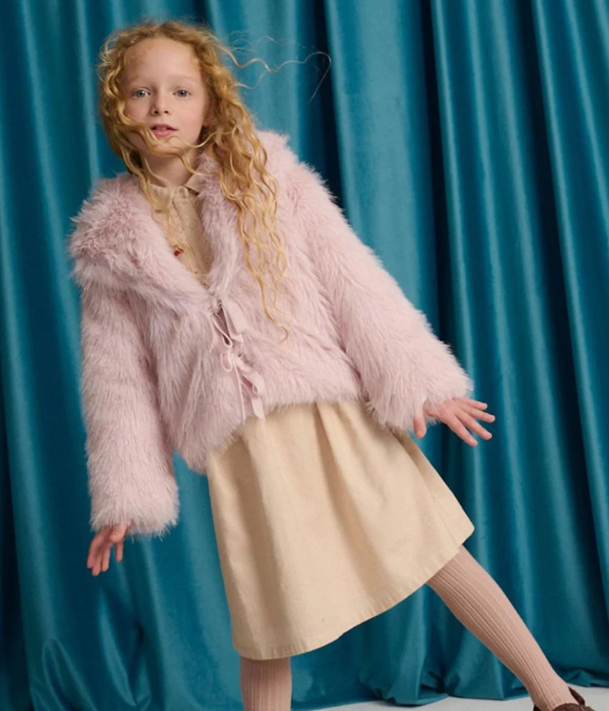 Girl Tabitha Faux Fur Coat With Shawl Collar - Pink - Image 5